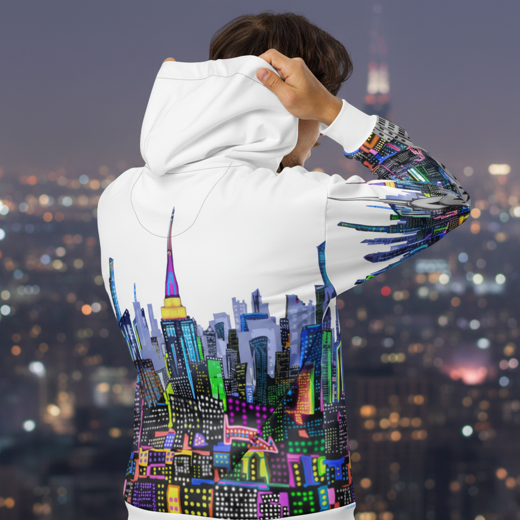 Person wearing a Loria NYC Art hoodie with a colorful cityscape design against a blurred city night skyline.