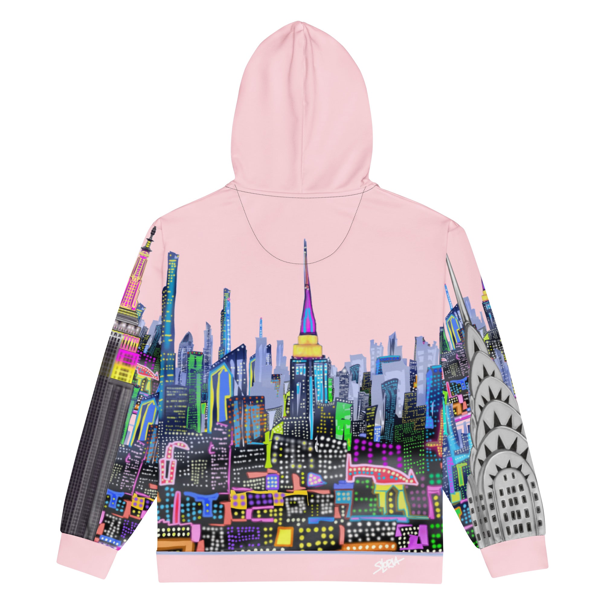Back view of Pink Loria NYC Art hoodie with colorful cityscape design on a white background