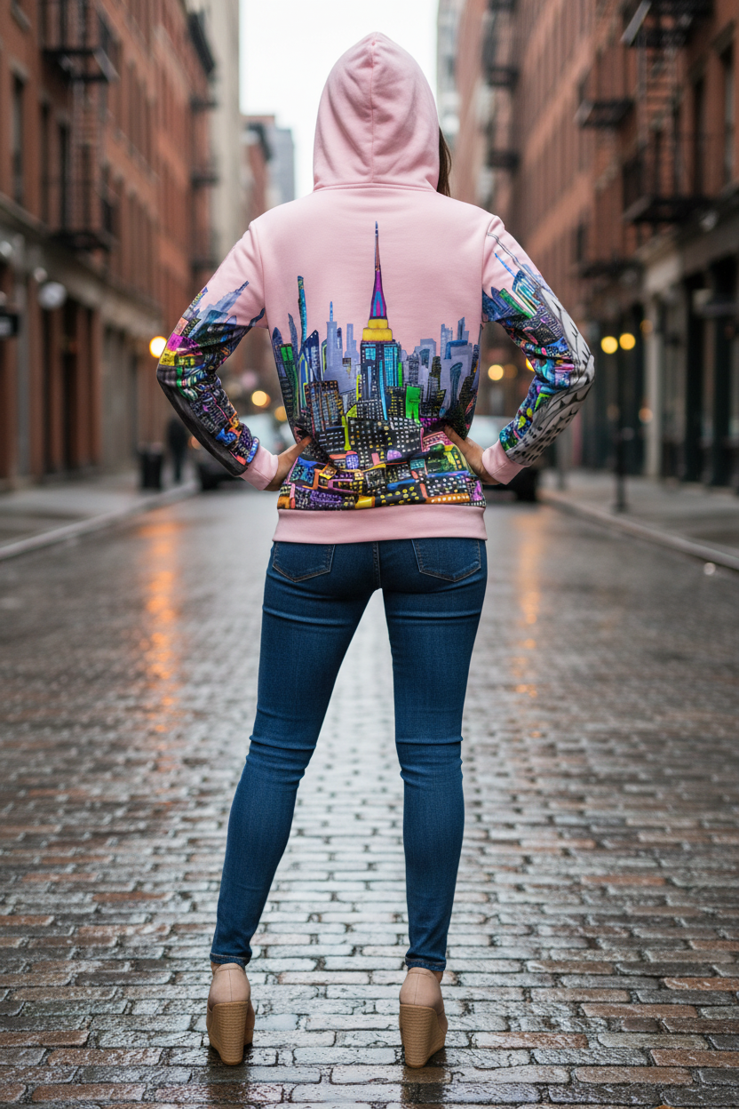 Person wearing a colorful Loria NYC Art hoodie with a cityscape design on a city street.