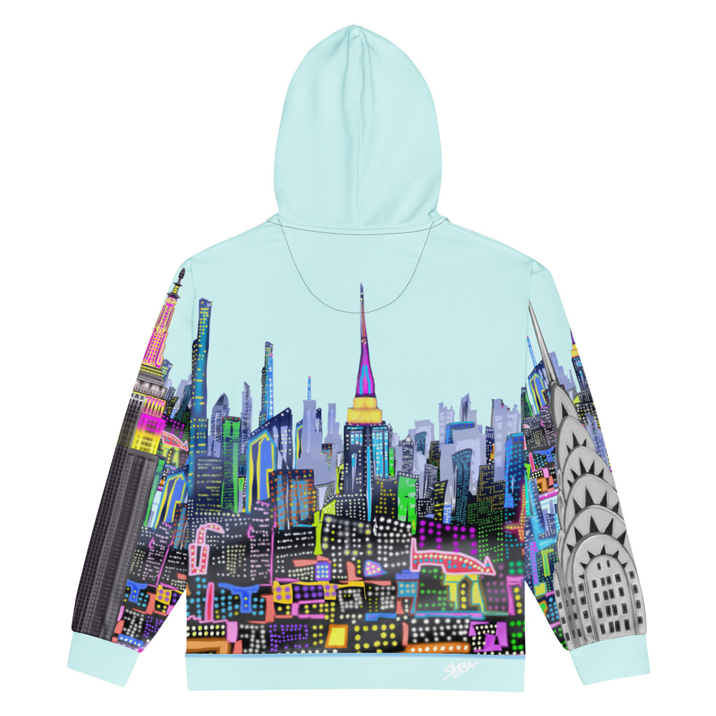 Hoodie with a colorful cityscape design by LORIA NYC Art on a light blue background