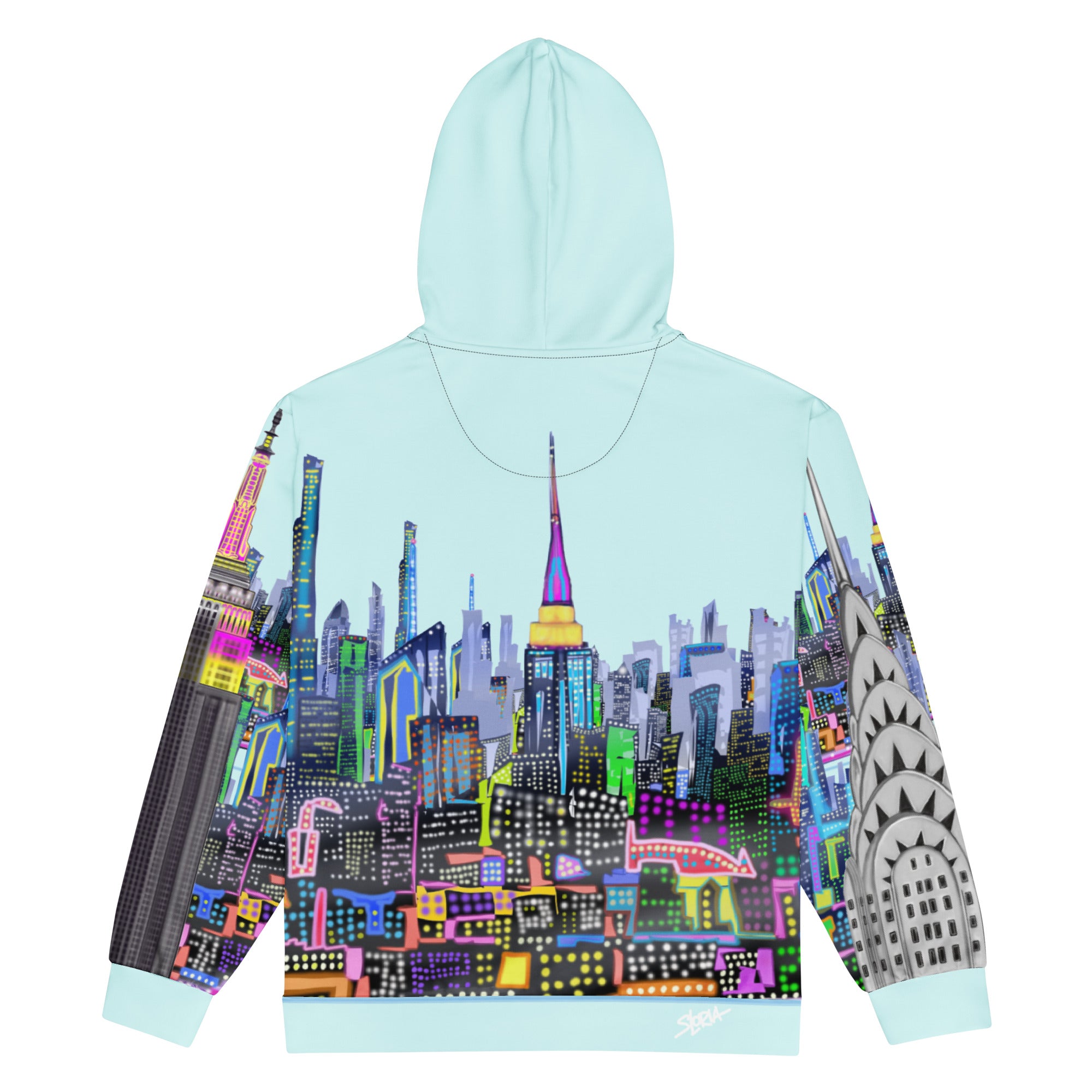 Hoodie with a colorful cityscape design by LORIA NYC Art on a light blue background
