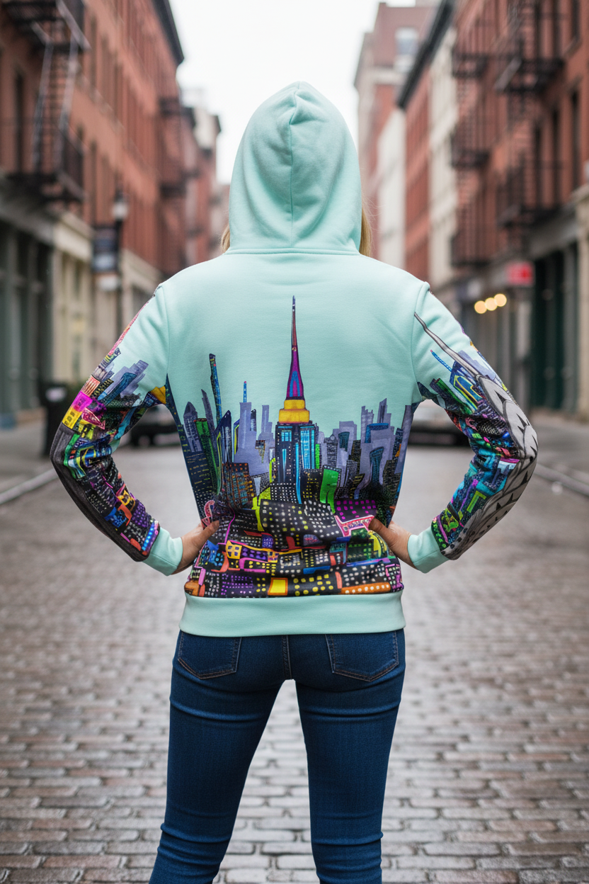Person wearing a Loria NYC Art hoodie with a colorful cityscape design on a street.