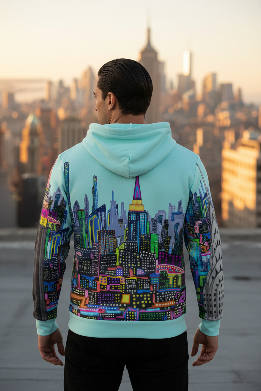 Person wearing a hoodie with a colorful cityscape Loria NYC Art design, standing against a city skyline.
