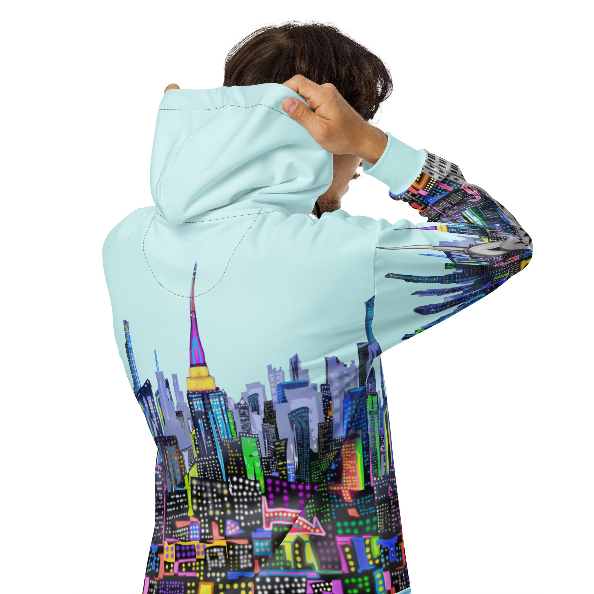 Hood view on a solid cyan blue color zip hoodie with a  Loria NYC Art design
