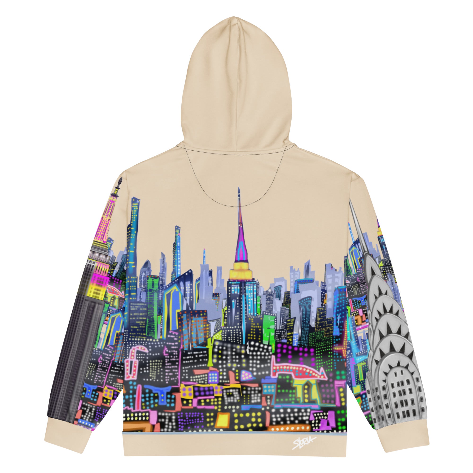 Beige hoodie with colorful Loria NYC Art cityscape design on a white background