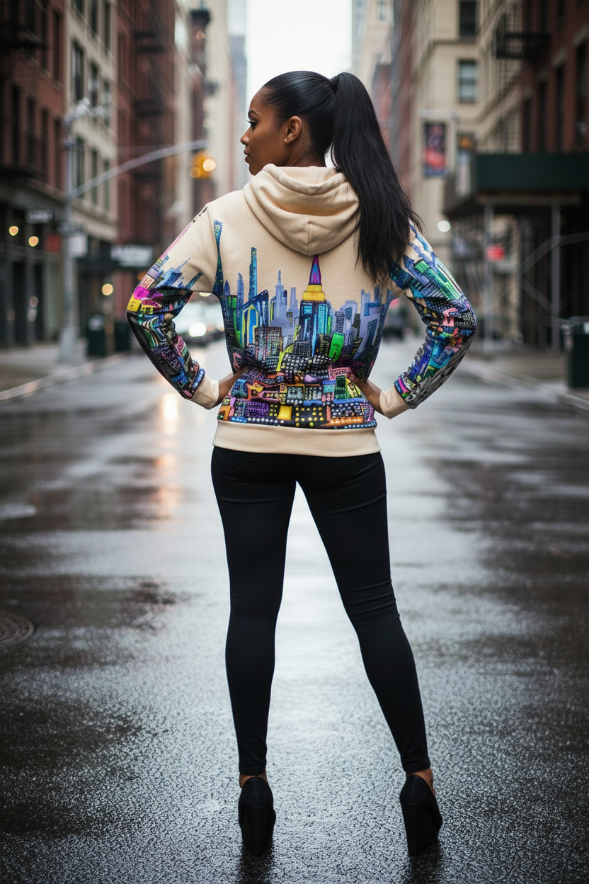Person wearing a colorful hoodie with a cityscape Loria NYC Art design on a city street.