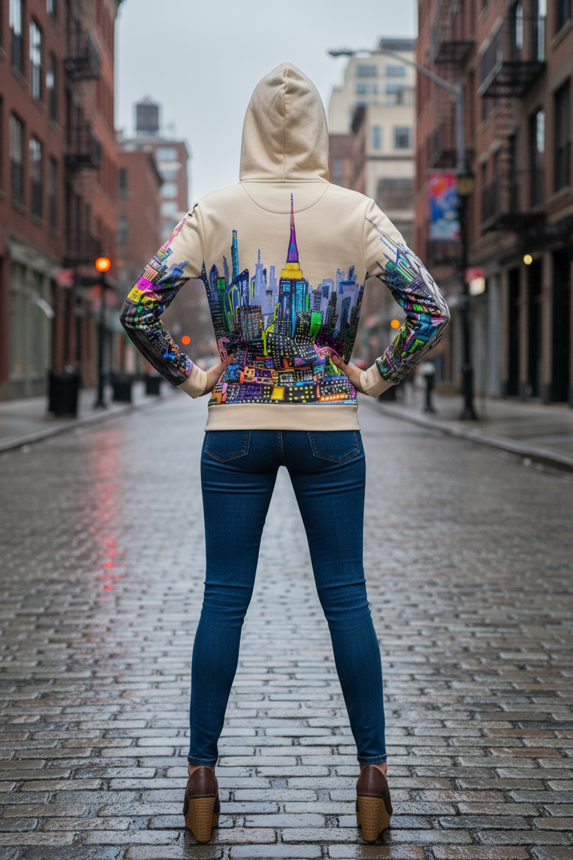 Person wearing a hoodie with a colorful cityscape Loria NYC Art design on a city street.