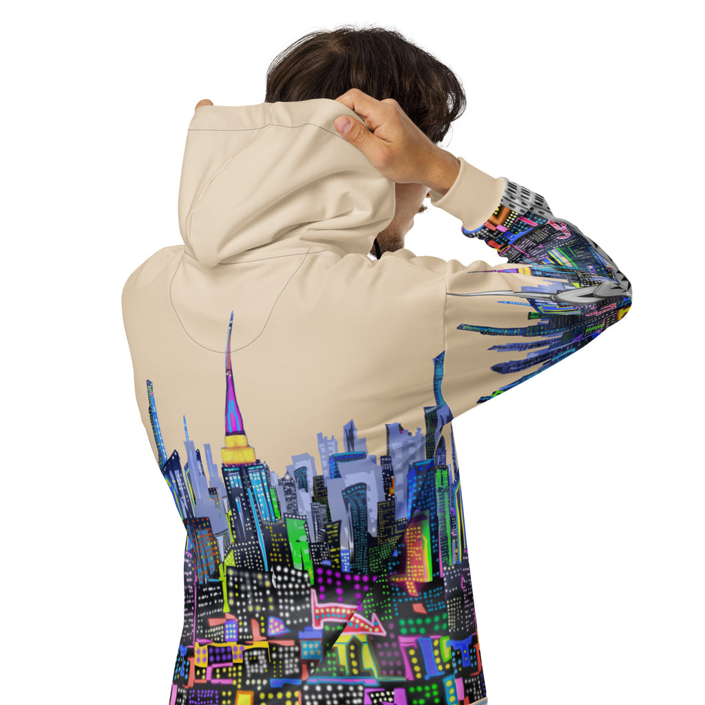 Person wearing a hoodie with a colorful cityscape Loria NYC Art design on the back