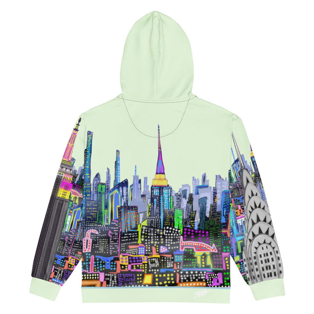Light green hoodie with colorful Loria NYC Art cityscape design on a white background