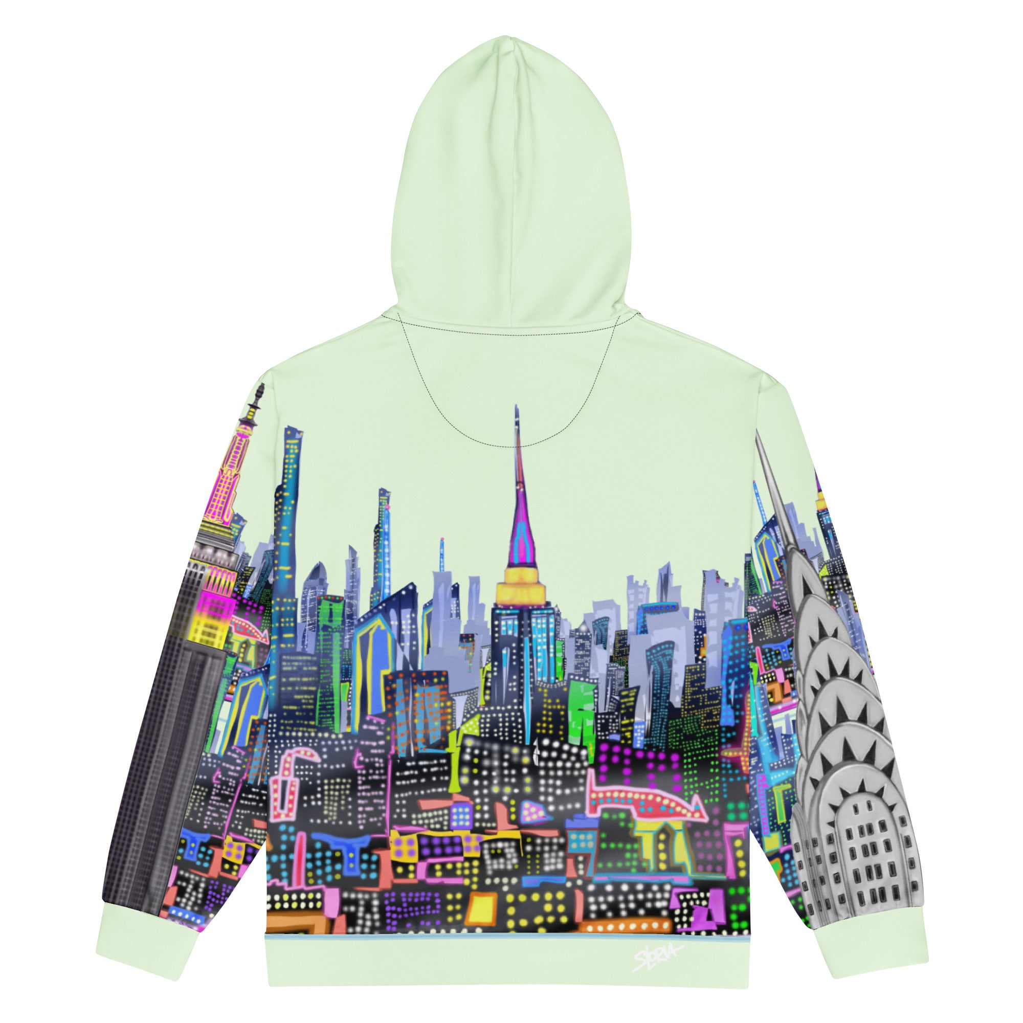 Light green hoodie with colorful Loria NYC Art cityscape design on a white background