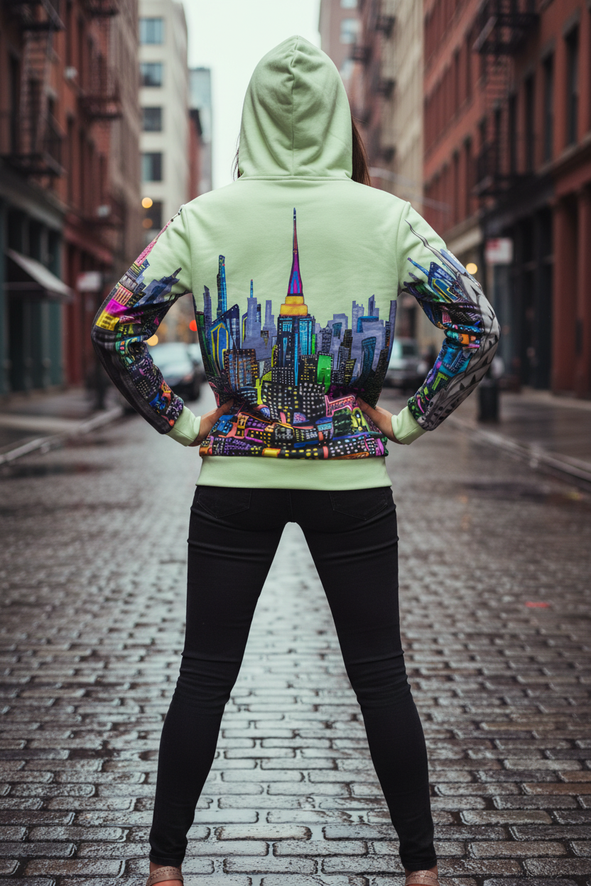 Person wearing a hoodie with a colorful cityscape Loria NYC Art design on a city street.