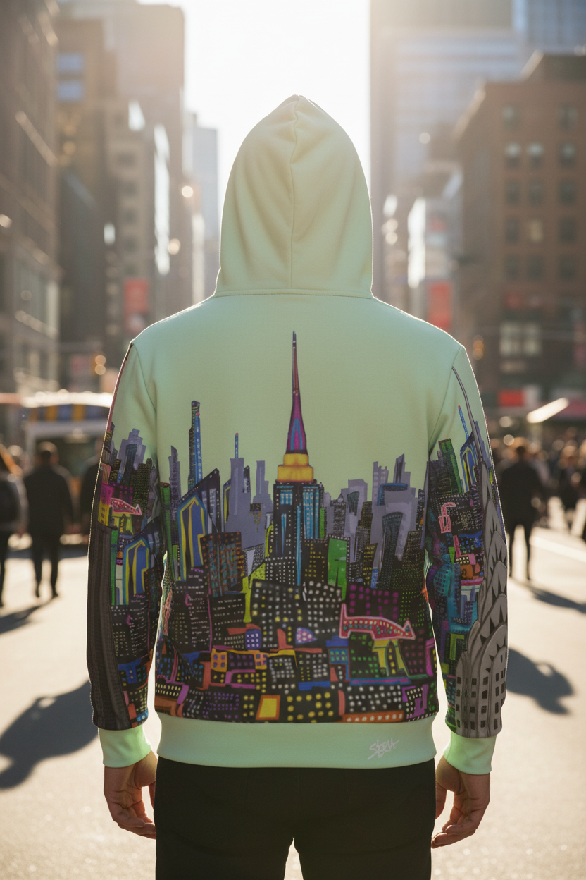 Person wearing a hoodie with a colorful cityscape Loria NYC Art design on a city street.