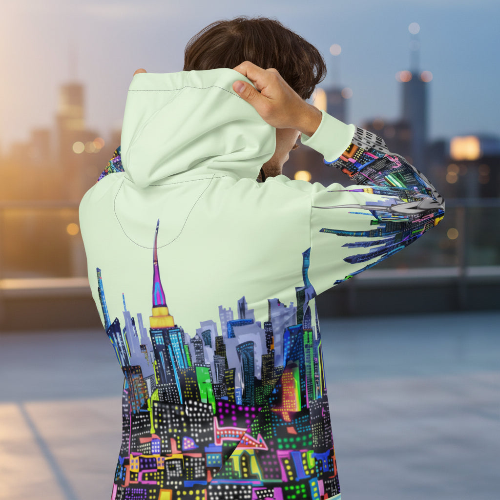 Person wearing a hoodie with a Loria NYC Art colorful cityscape design on the back