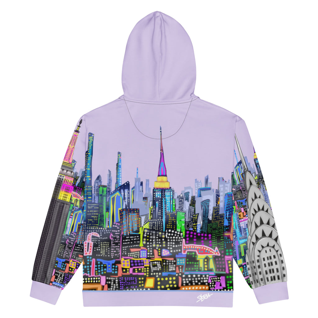 Hoodie with a colorful cityscape  Loria NYC Art design on a white background