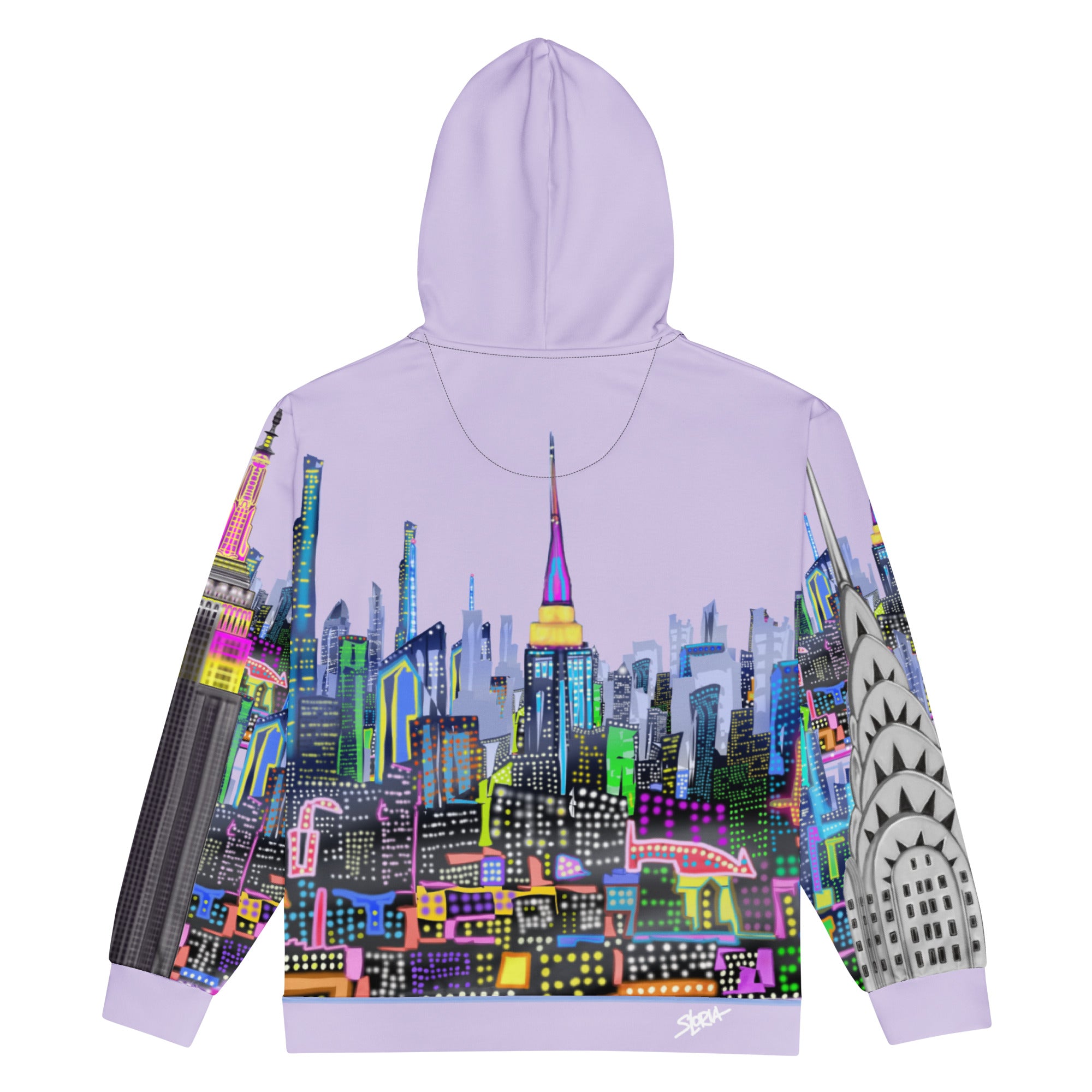 Hoodie with a colorful cityscape  Loria NYC Art design on a white background