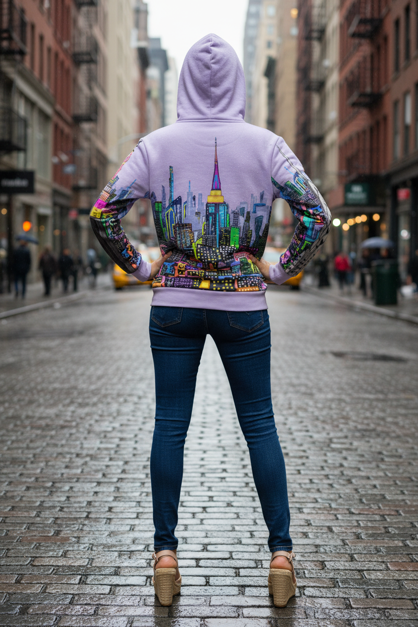 Person wearing a hoodie with a Loria NYC Art colorful cityscape design on a city street.