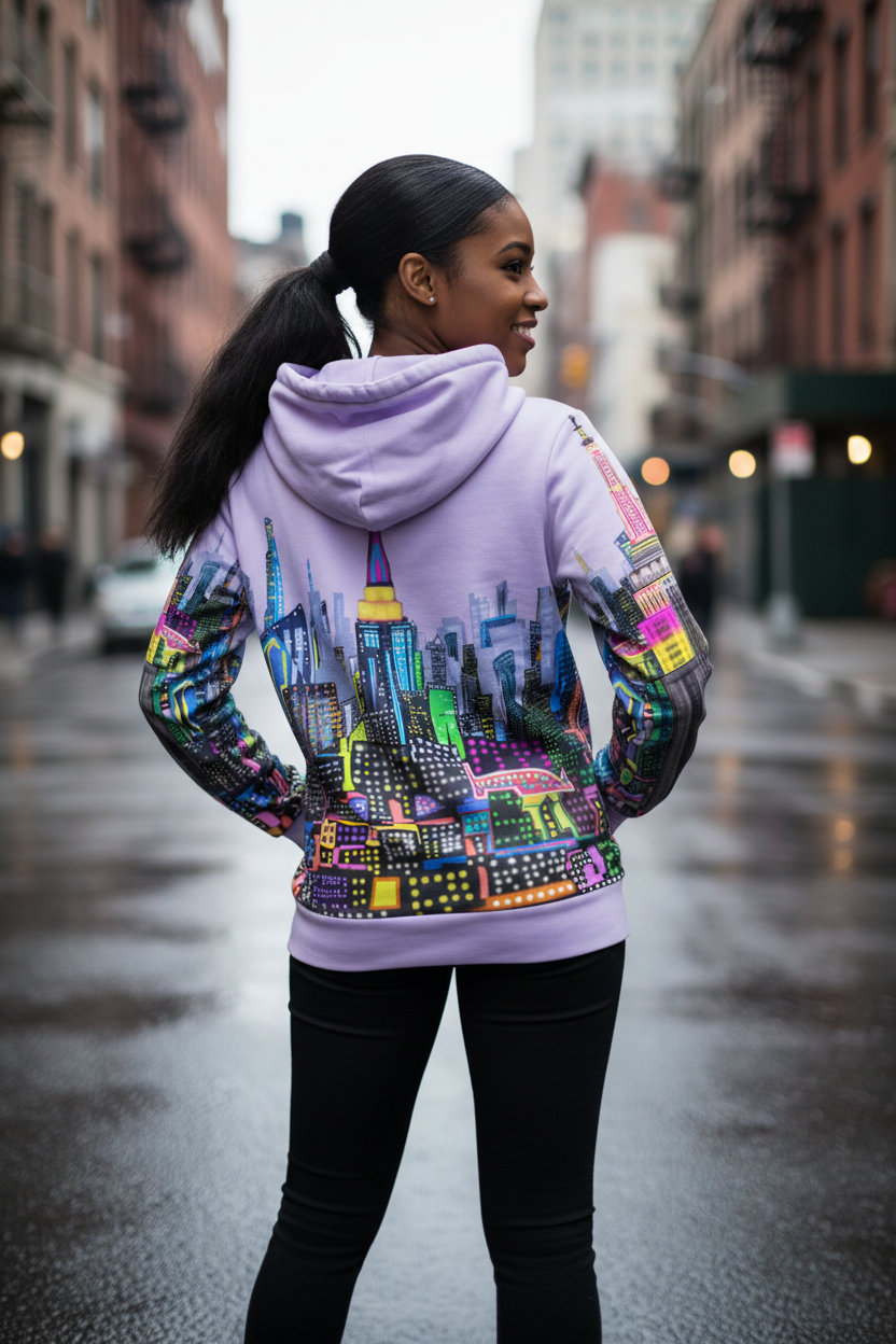 Person wearing a colorful hoodie with a cityscape Loria NYC Art design on a city street.