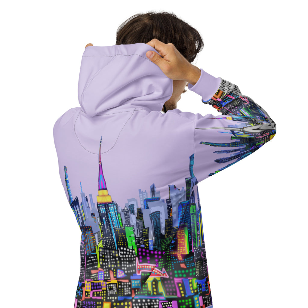 Person wearing a hoodie with a  Loria NYC Art colorful cityscape design on the back