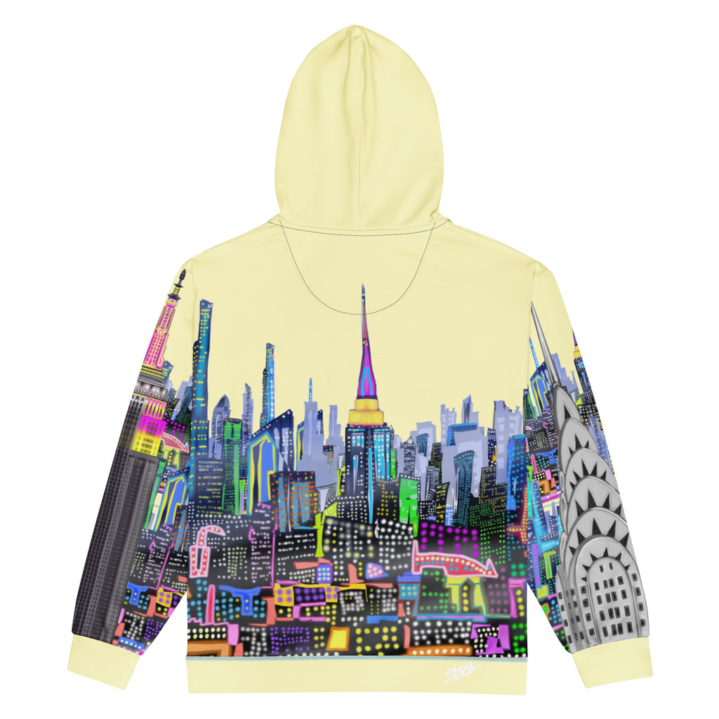 Hoodie with colorful cityscape Loria NYC Art design on a white background