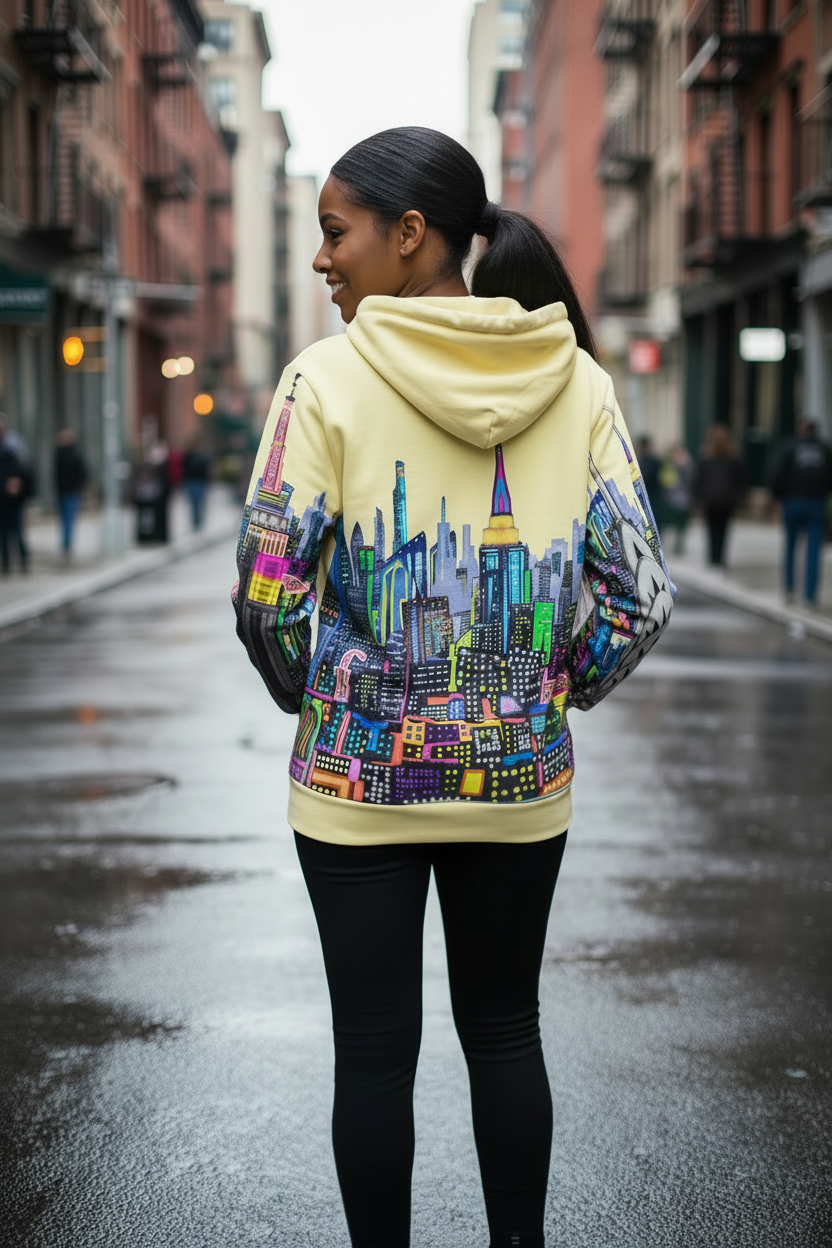 Person wearing a colorful Loria NYC Art cityscape hoodie on a city street.