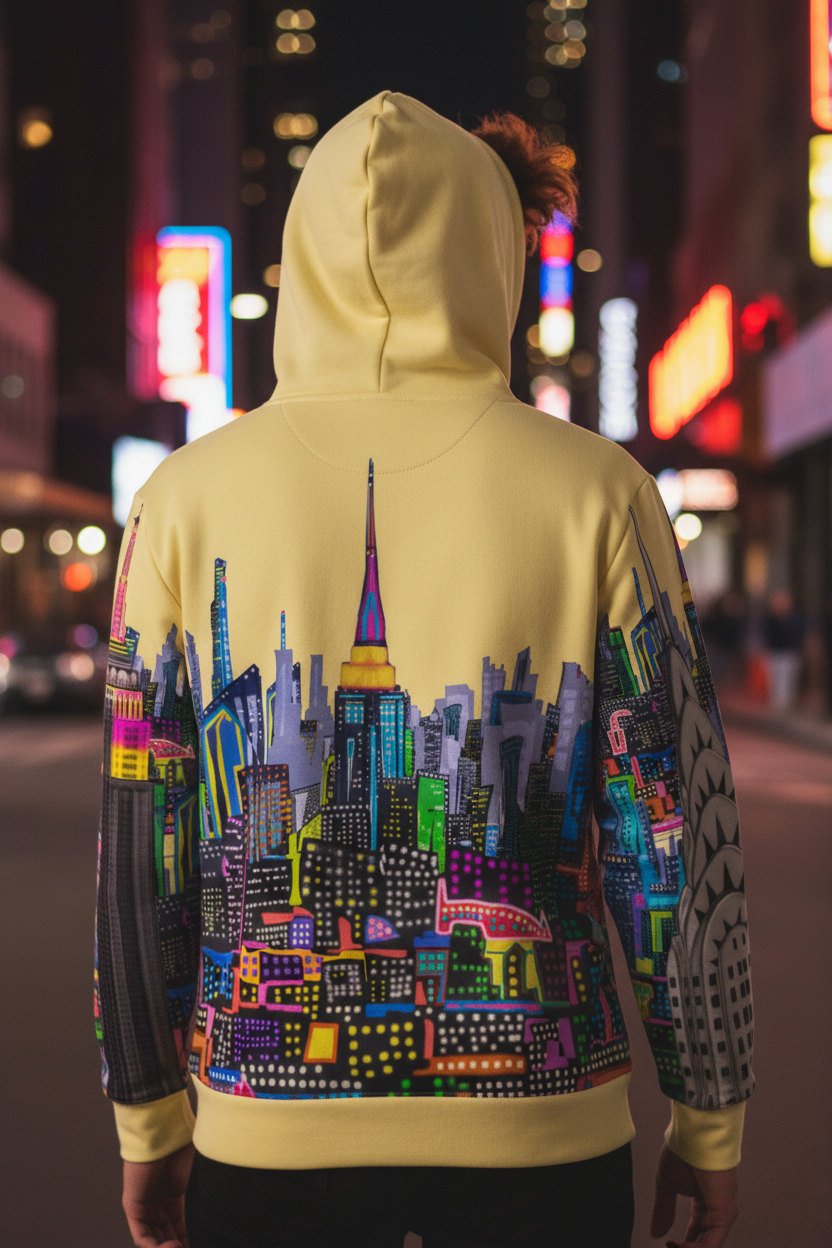 Back view of Loria NYC Art hoodie in an urban setting