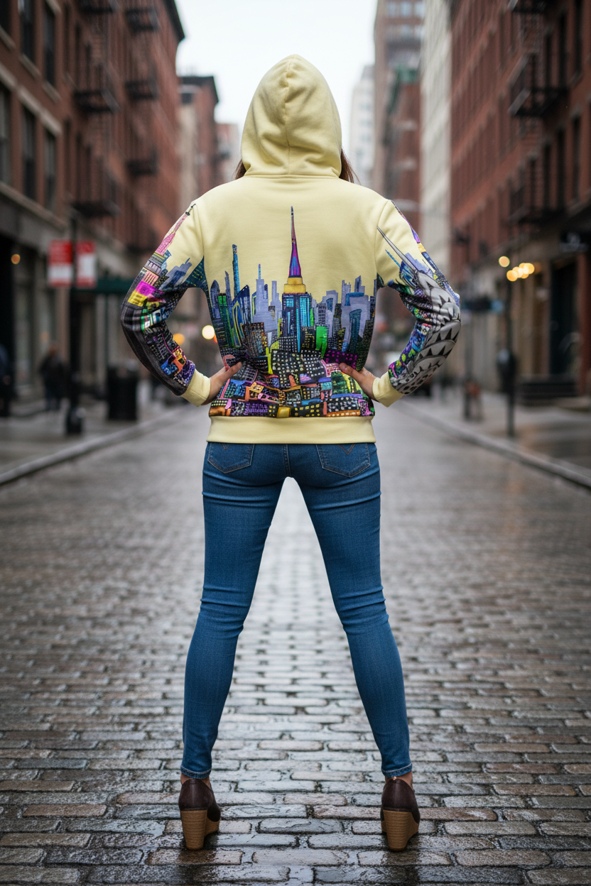 Person wearing a colorful Loria NYC Art hoodie with a cityscape design on a city street.
