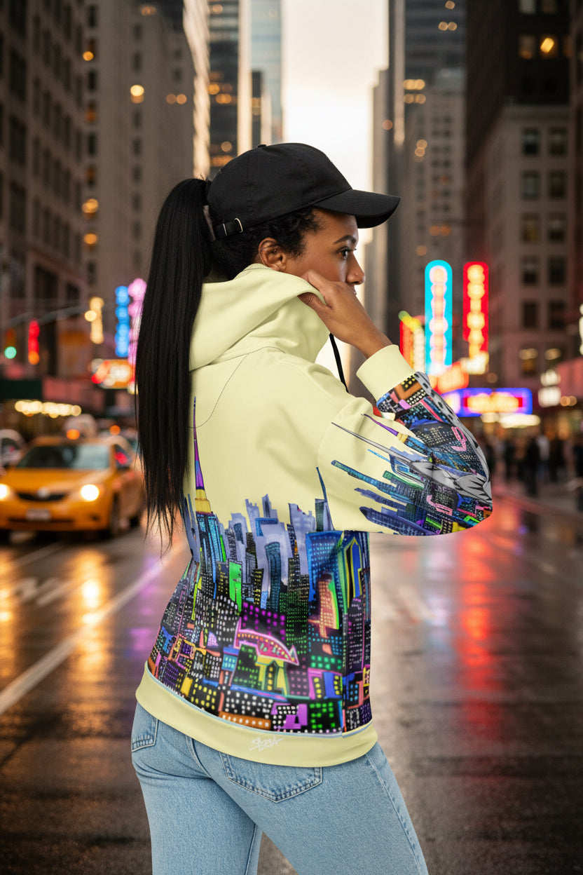 Person wearing a colorful Loria NYC Art hoodie with cityscape design on a city street at night.