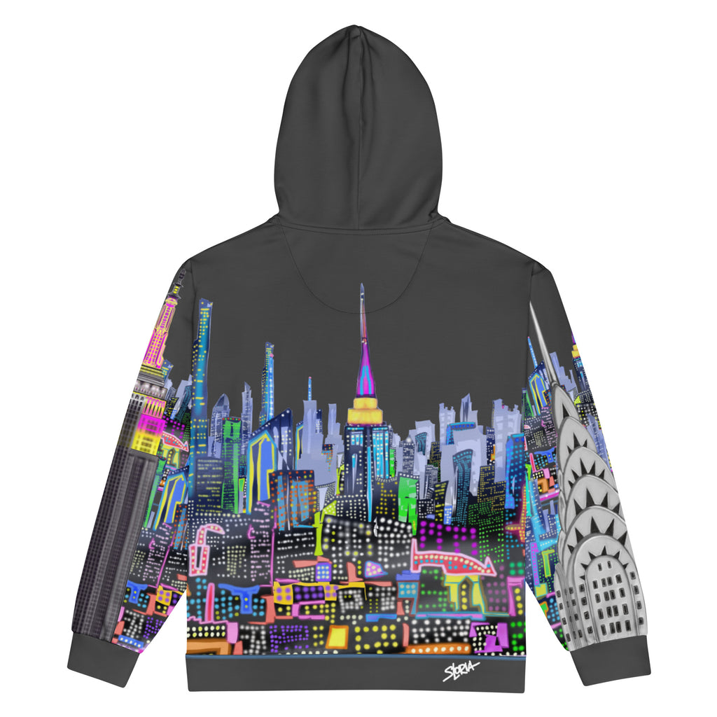 Hoodie with colorful cityscape Loria NYC Art design on a white background