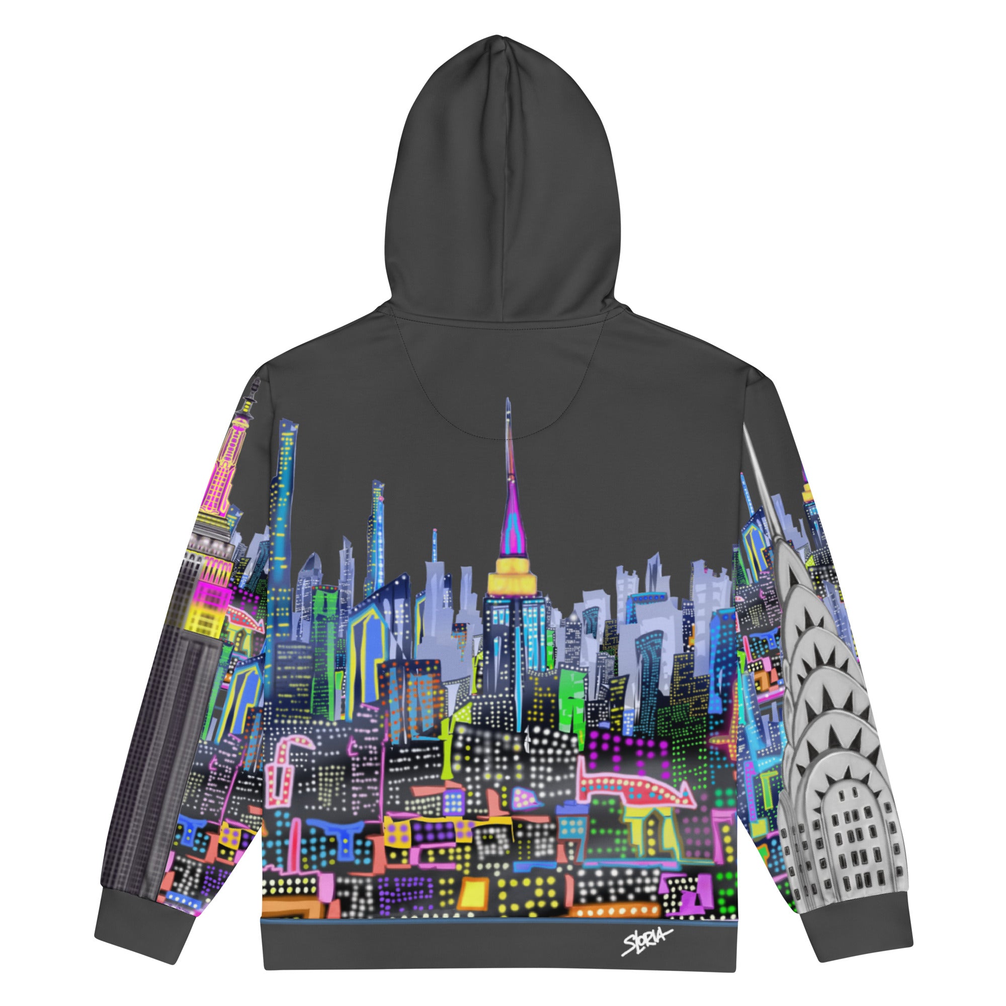 Hoodie with colorful cityscape Loria NYC Art design on a white background