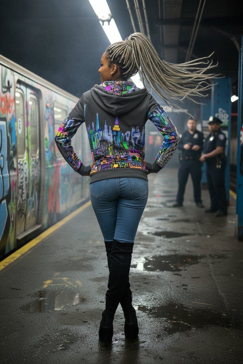 Person wearing a colorful Loria NYC Art hoodie with a cityscape design in a subway station.
