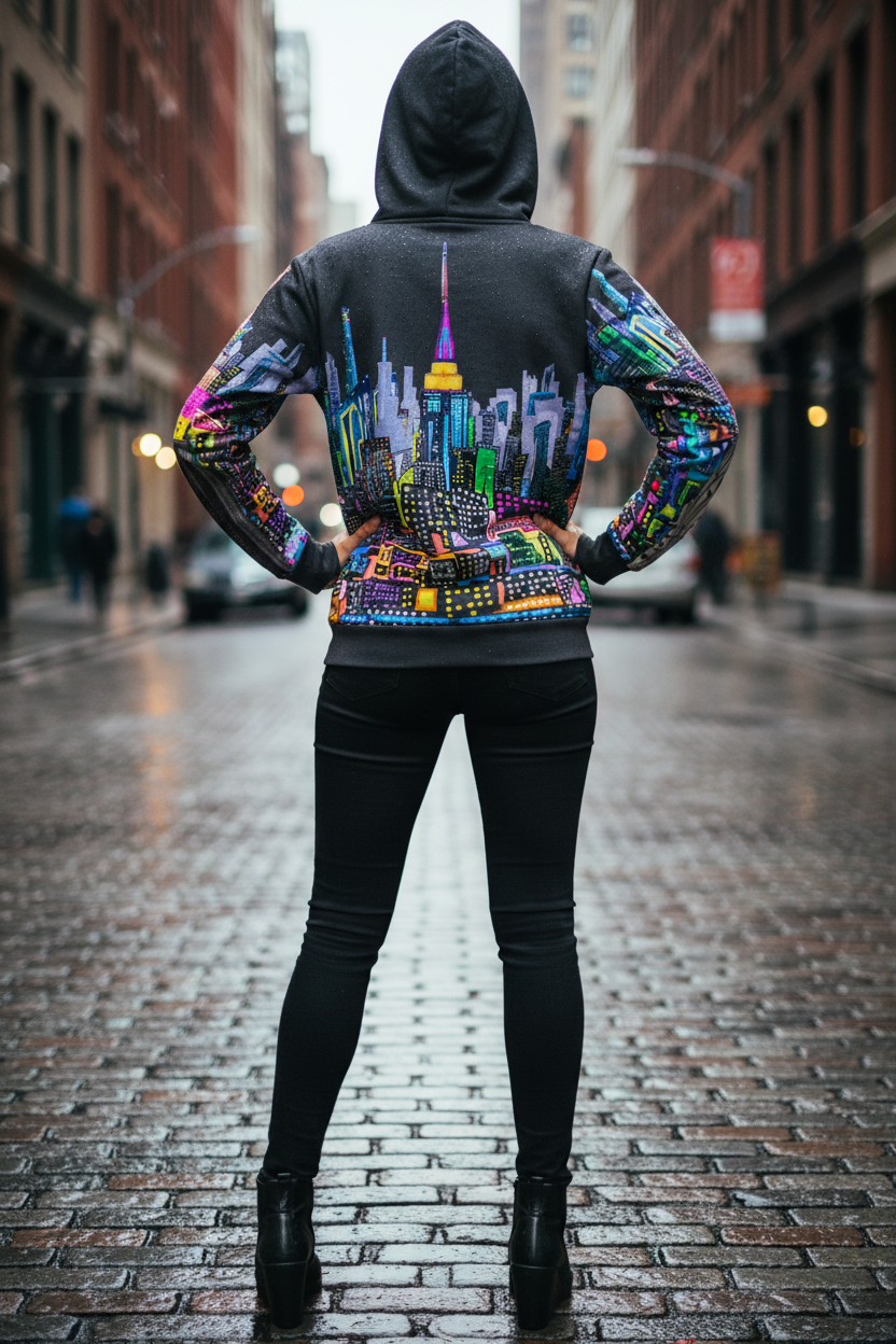 Person wearing a colorful Loria NYC Art hoodie with a cityscape design on a city street.