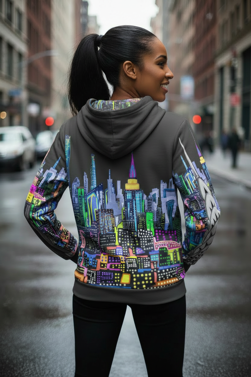 Woman wearing a hoodie with a colorful cityscape Loria NYC Art design on a city street.