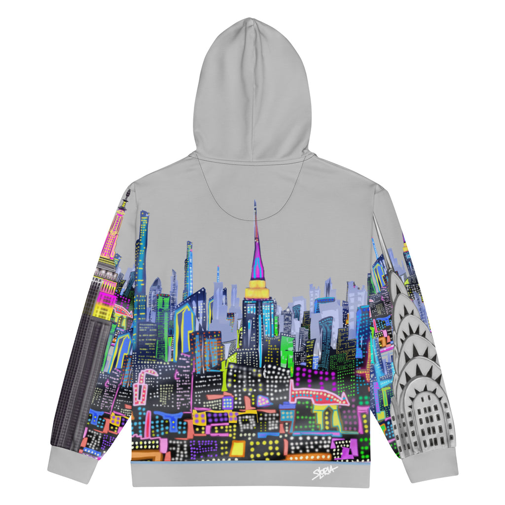 Gray hoodie with colorful Loria NYC Art cityscape design on the back and brand logo on sleeves.