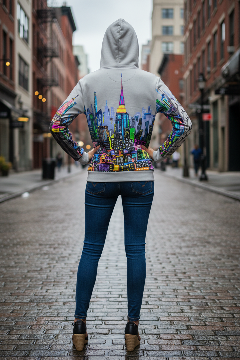 Person wearing a hoodie with a colorful cityscape Loria NYC Art design on a city street.
