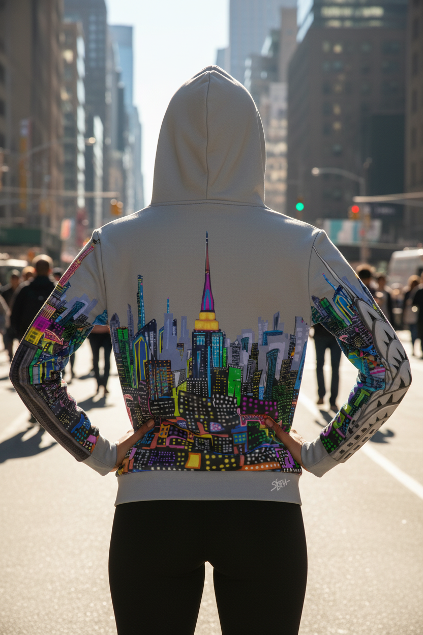 Back view of colorful Loria NYC Art hoodie in urban setting.