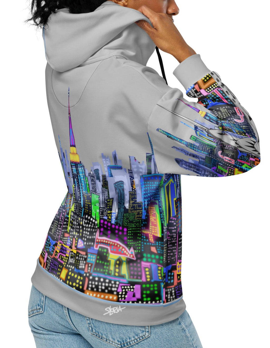 Hoodie with colorful cityscape Loria NYC Art design on a white background