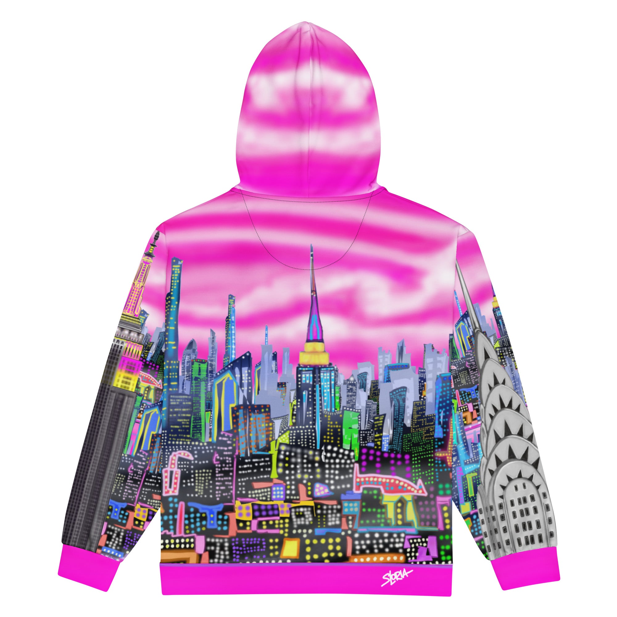 Hoodie with a colorful cityscape  Loria NYC Art design on a white background