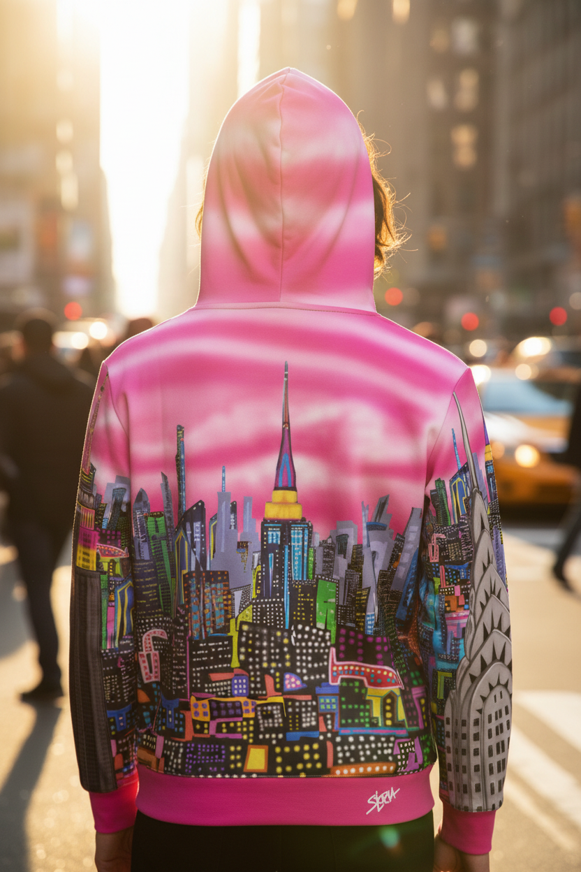 Person wearing a pink hoodie with a colorful cityscape Loria NYC Art design on a city street.