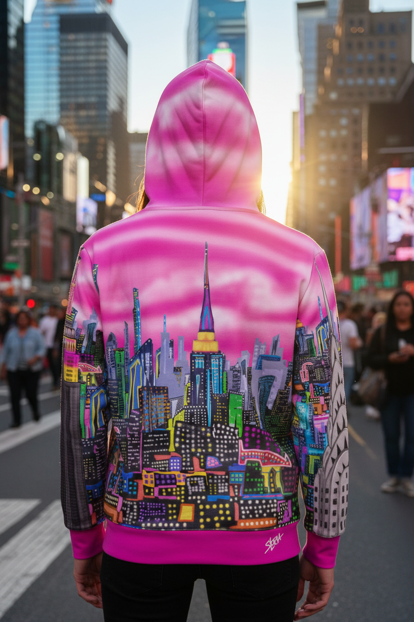 Person wearing a pink hoodie with a colorful cityscape Loria NYC Art design on a busy street.