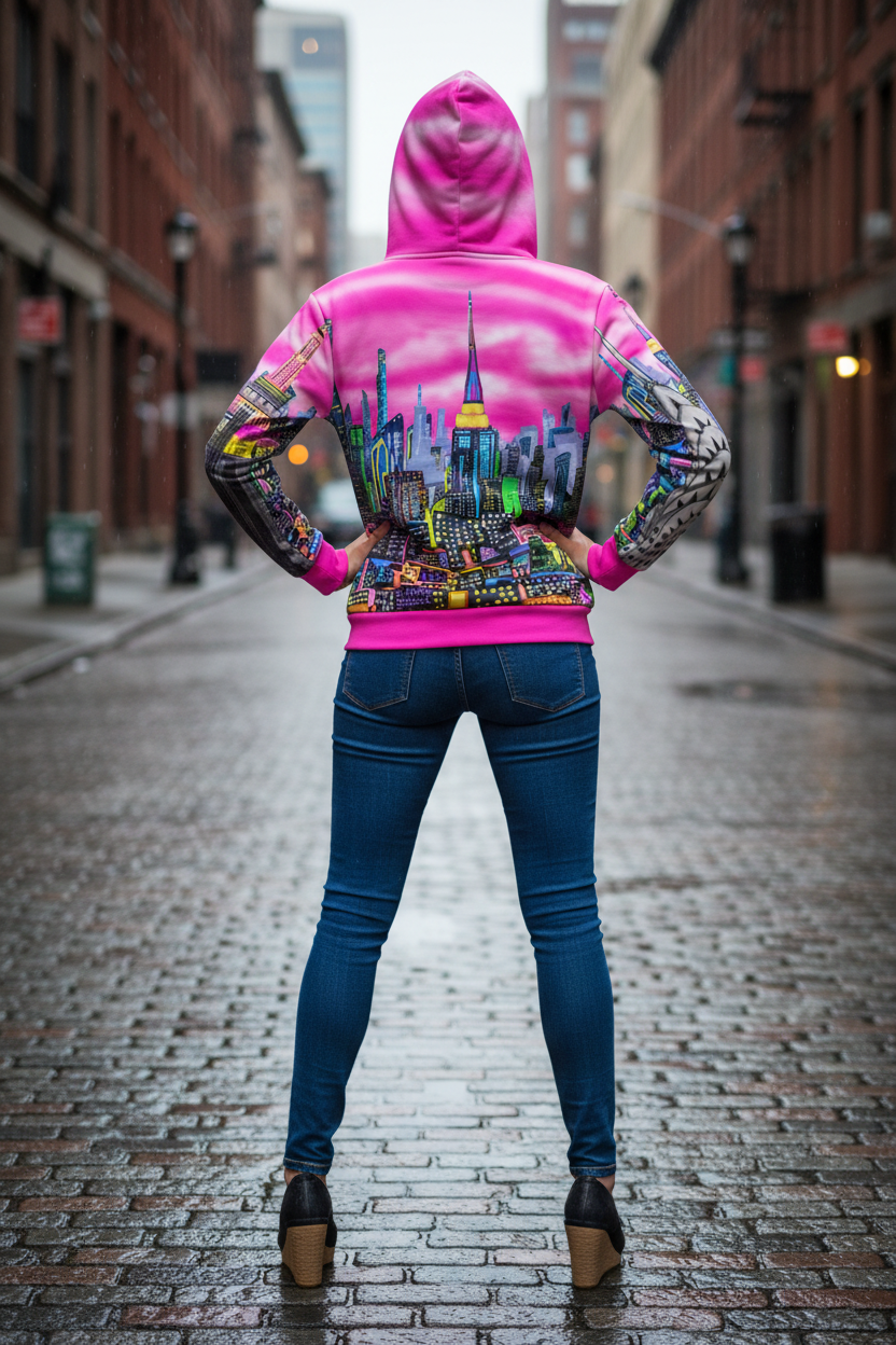 Person wearing a colorful hoodie with a cityscape Loria NYC Art design on a brick street.