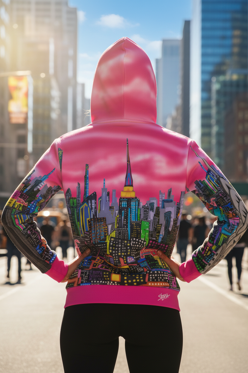 Person wearing a pink hoodie with a colorful cityscape Loria NYC Art design in an urban setting