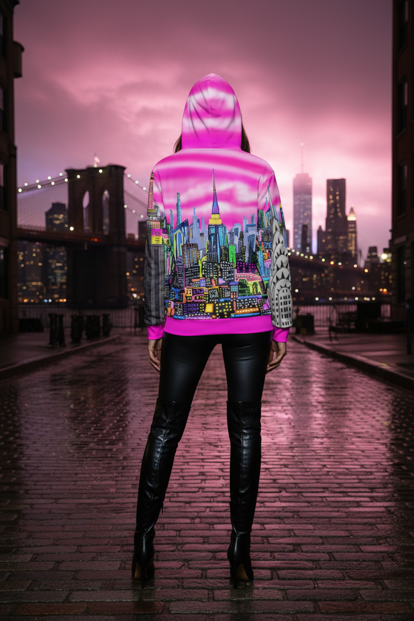 Person wearing a colorful hoodie with a cityscape Loria NYC Art design, standing in an urban setting at night.