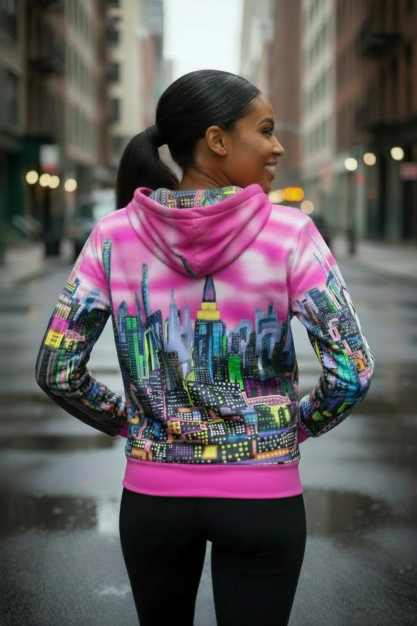 Woman wearing a colorful Loria NYC Art hoodie with cityscape design on a city street.