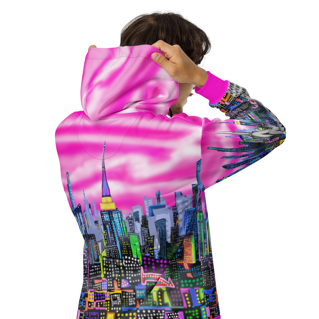 Hoodie with a colorful cityscape  Loria NYC Art design on a white background