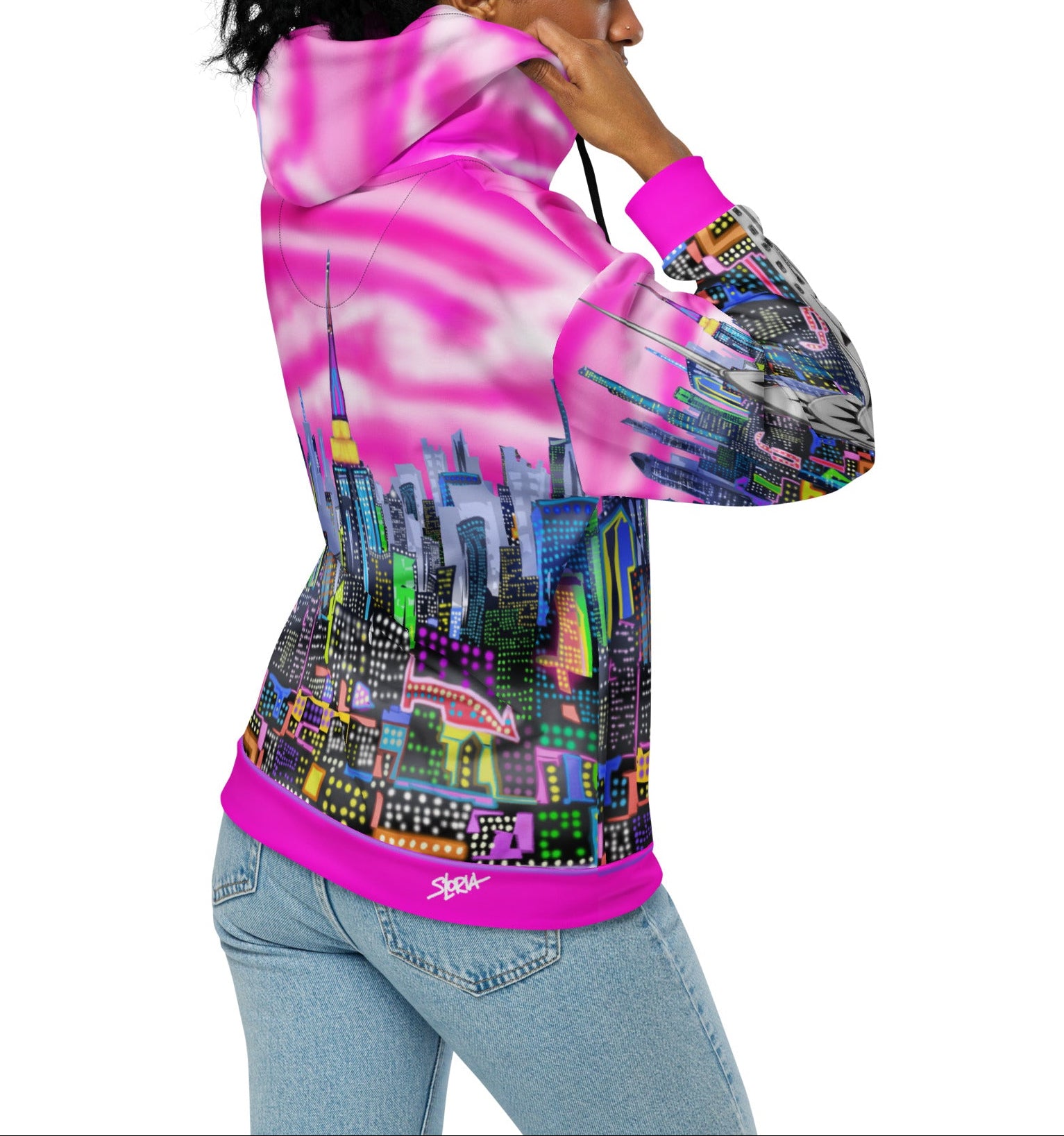 Colorful hoodie with Loria NYC Art cityscape design and pink accents on a white background