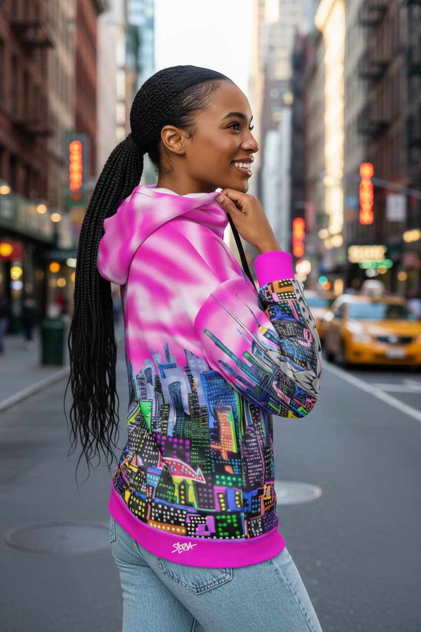 Woman wearing a colorful hoodie with cityscape Loria NYC Art design on a city street.