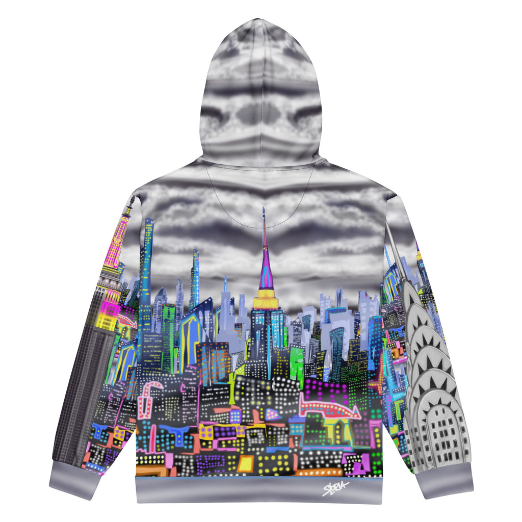 Hoodie with a colorful cityscape Loria NYC Art design on white background