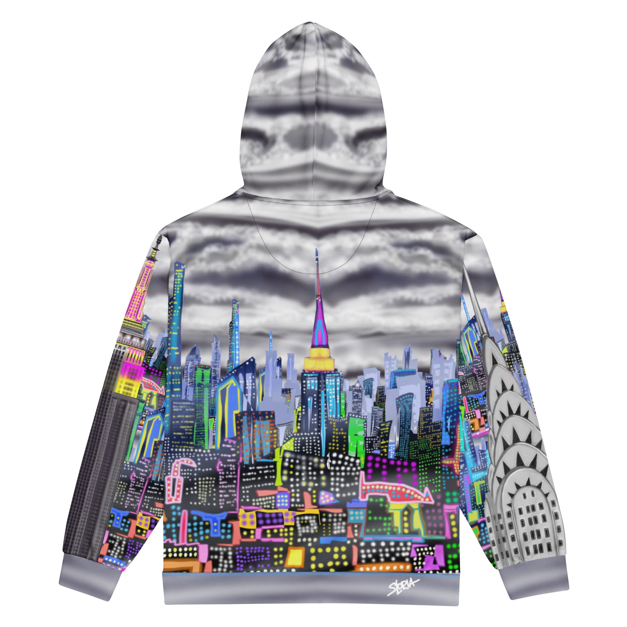 Hoodie with a colorful cityscape Loria NYC Art design on white background