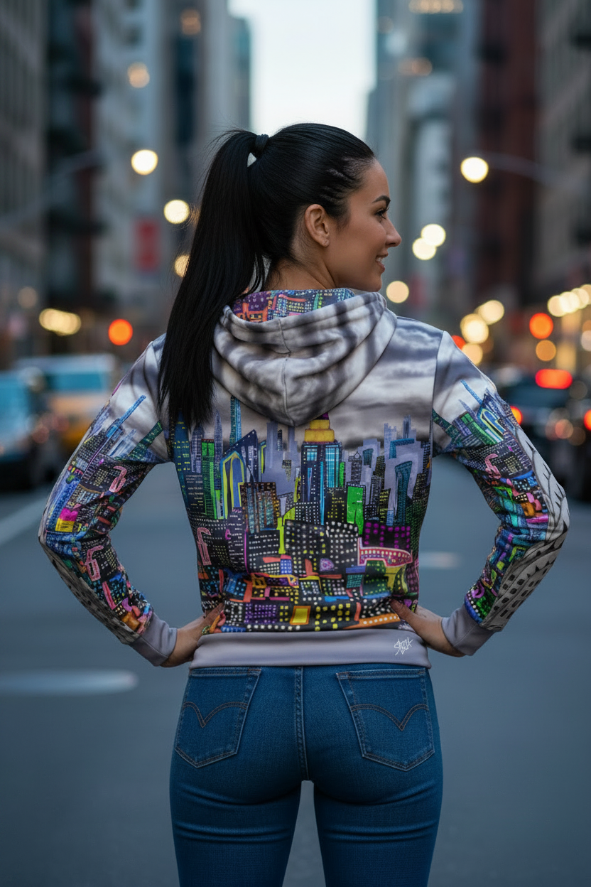 Person wearing a hoodie with a colorful cityscape Loria NYC Art design on a city street.