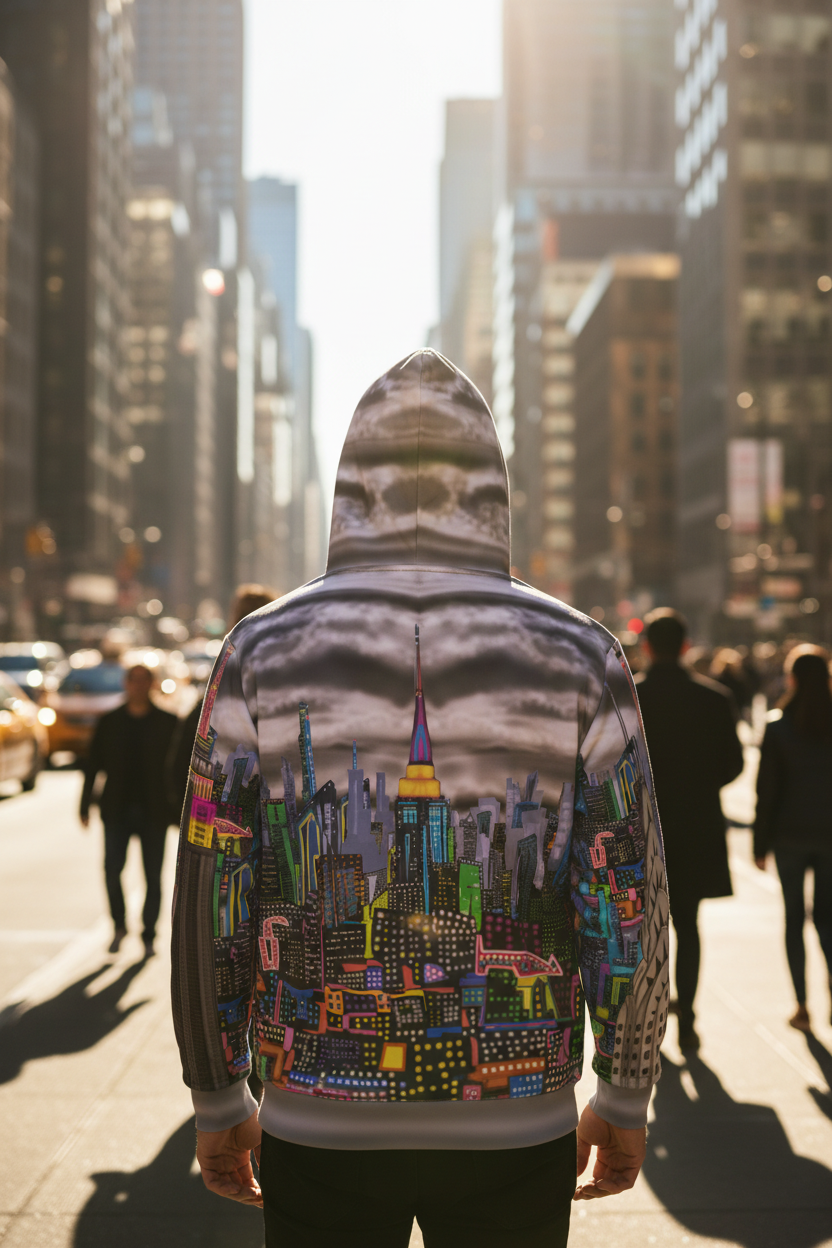 Person wearing a hoodie with a colorful cityscape Loria NYC Art design on a city street.